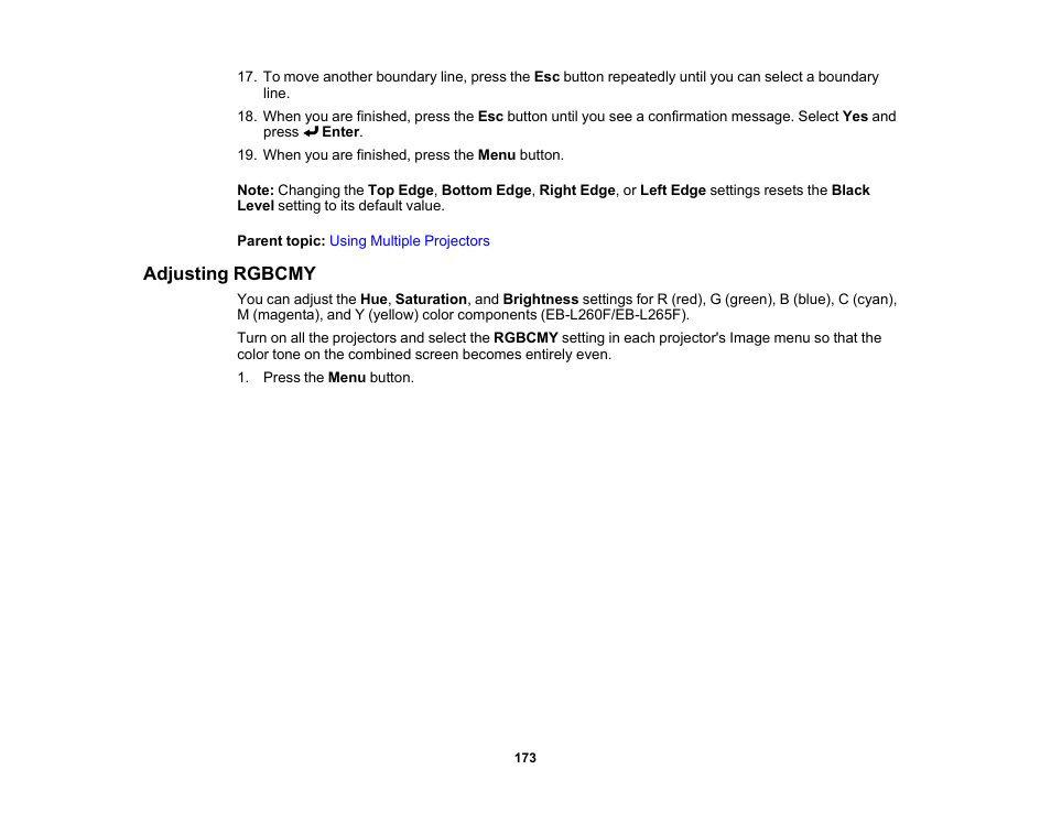 Adjusting rgbcmy | Epson PowerLite L265F 4600-Lumen Full HD Laser 3LCD Projector (Black) User Manual | Page 173 / 306