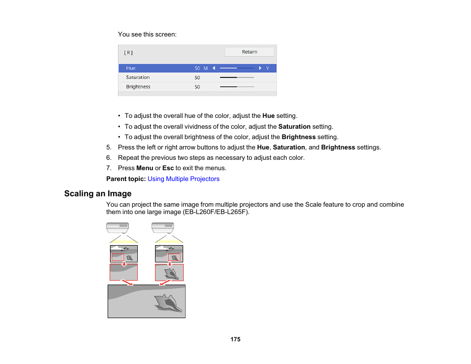 Scaling an image | Epson PowerLite L265F 4600-Lumen Full HD Laser 3LCD Projector (Black) User Manual | Page 175 / 306