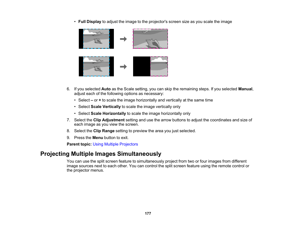 Projecting multiple images simultaneously | Epson PowerLite L265F 4600-Lumen Full HD Laser 3LCD Projector (Black) User Manual | Page 177 / 306