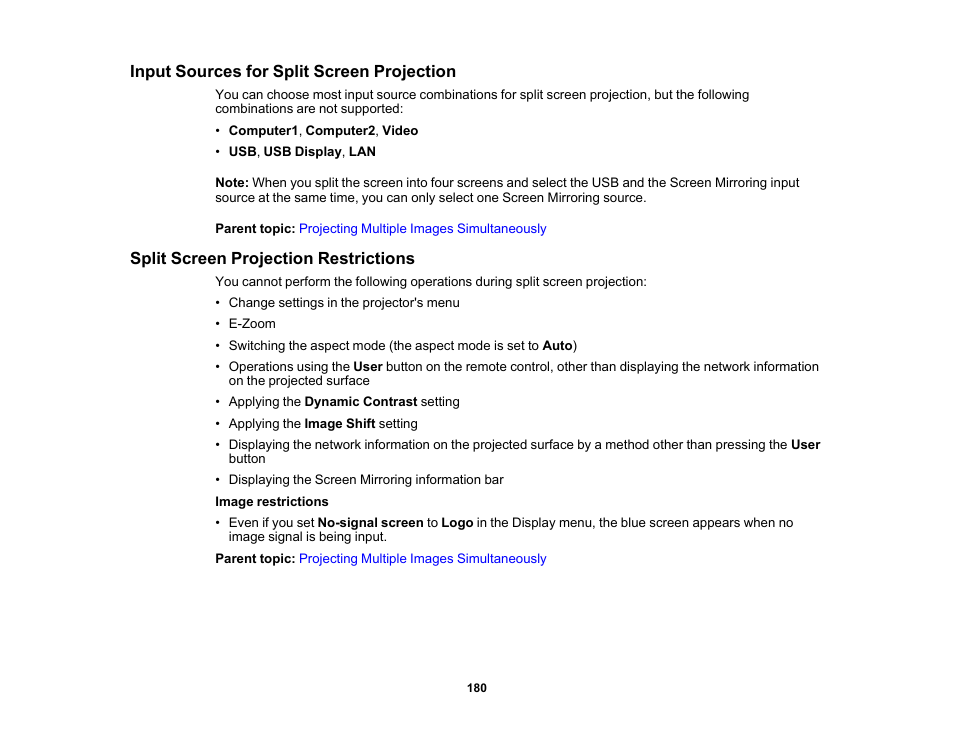 Input sources for split screen projection, Split screen projection restrictions | Epson PowerLite L265F 4600-Lumen Full HD Laser 3LCD Projector (Black) User Manual | Page 180 / 306