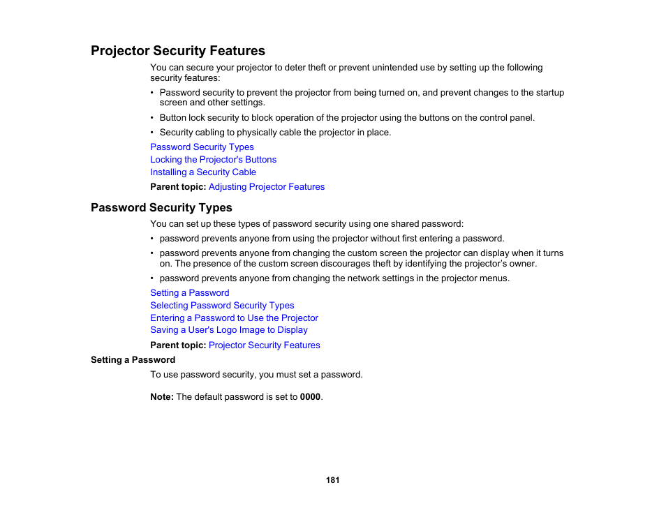 Projector security features, Password security types, Setting a password | Epson PowerLite L265F 4600-Lumen Full HD Laser 3LCD Projector (Black) User Manual | Page 181 / 306