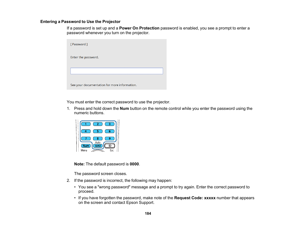 Entering a password to use the projector | Epson PowerLite L265F 4600-Lumen Full HD Laser 3LCD Projector (Black) User Manual | Page 184 / 306