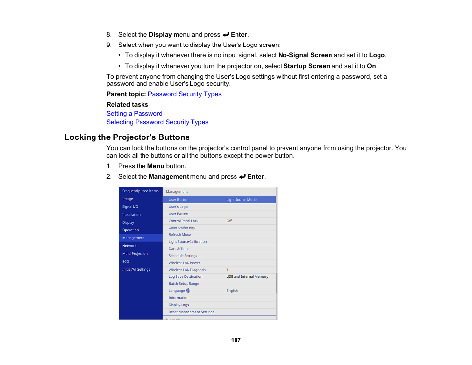 Locking the projector's buttons | Epson PowerLite L265F 4600-Lumen Full HD Laser 3LCD Projector (Black) User Manual | Page 187 / 306