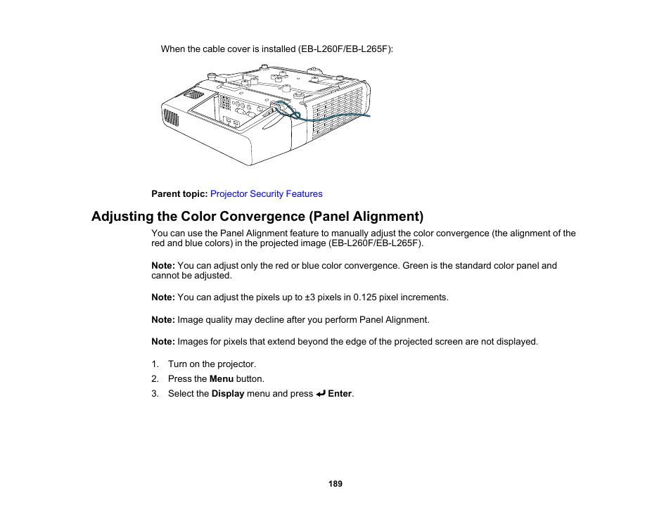 Adjusting the color convergence (panel alignment) | Epson PowerLite L265F 4600-Lumen Full HD Laser 3LCD Projector (Black) User Manual | Page 189 / 306