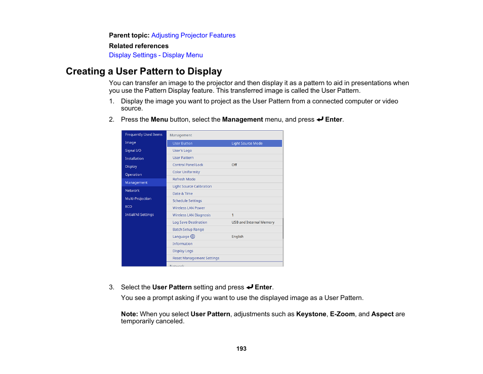 Creating a user pattern to display | Epson PowerLite L265F 4600-Lumen Full HD Laser 3LCD Projector (Black) User Manual | Page 193 / 306