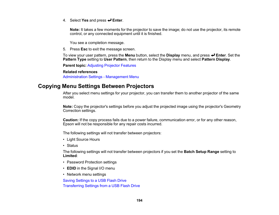 Copying menu settings between projectors | Epson PowerLite L265F 4600-Lumen Full HD Laser 3LCD Projector (Black) User Manual | Page 194 / 306