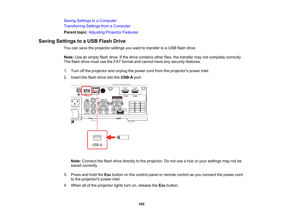 Saving settings to a usb flash drive | Epson PowerLite L265F 4600-Lumen Full HD Laser 3LCD Projector (Black) User Manual | Page 195 / 306