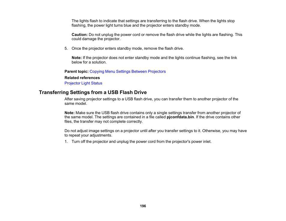 Transferring settings from a usb flash drive | Epson PowerLite L265F 4600-Lumen Full HD Laser 3LCD Projector (Black) User Manual | Page 196 / 306