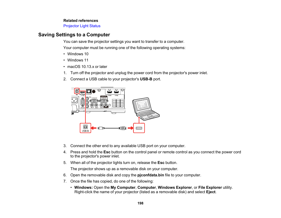 Saving settings to a computer | Epson PowerLite L265F 4600-Lumen Full HD Laser 3LCD Projector (Black) User Manual | Page 198 / 306