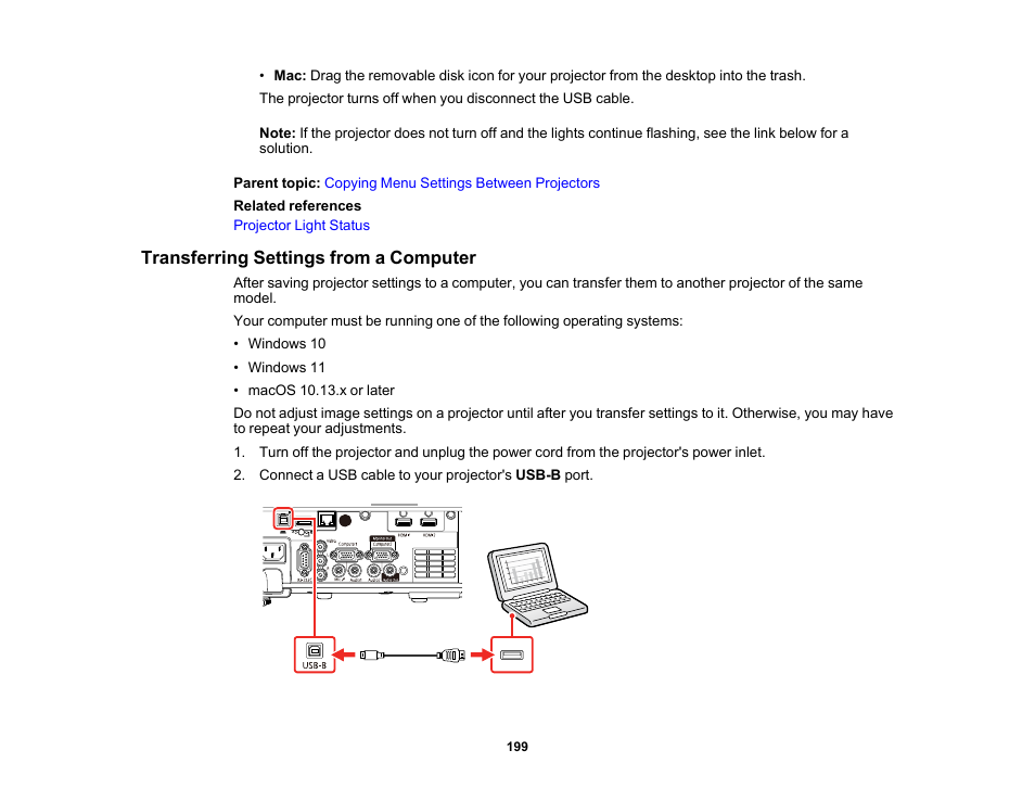 Transferring settings from a computer | Epson PowerLite L265F 4600-Lumen Full HD Laser 3LCD Projector (Black) User Manual | Page 199 / 306