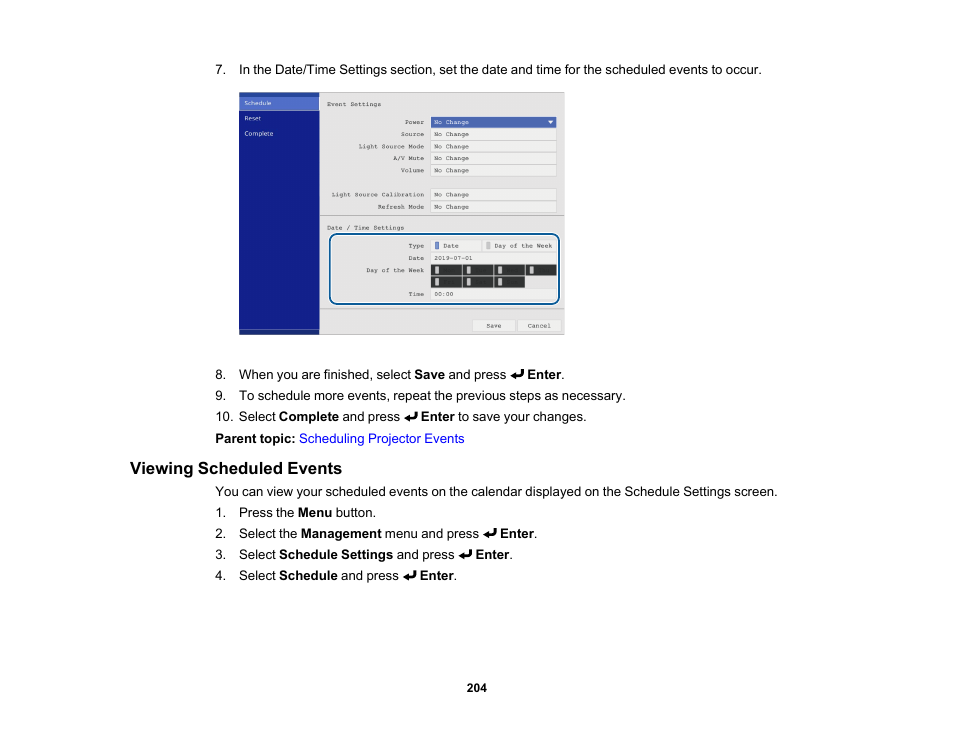 Viewing scheduled events | Epson PowerLite L265F 4600-Lumen Full HD Laser 3LCD Projector (Black) User Manual | Page 204 / 306