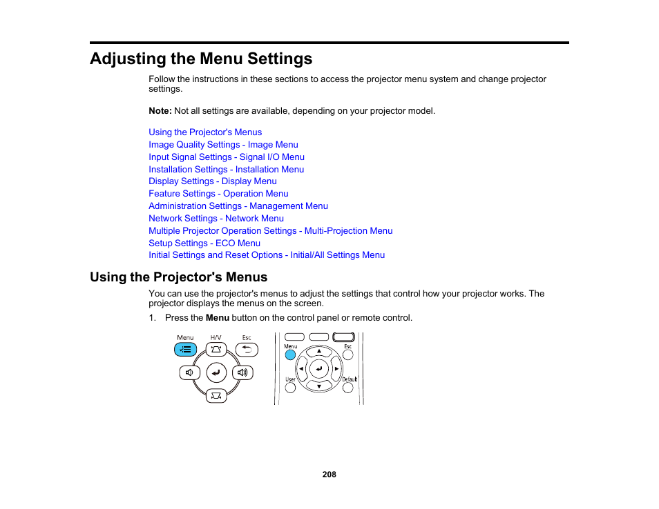 Adjusting the menu settings, Using the projector's menus | Epson PowerLite L265F 4600-Lumen Full HD Laser 3LCD Projector (Black) User Manual | Page 208 / 306