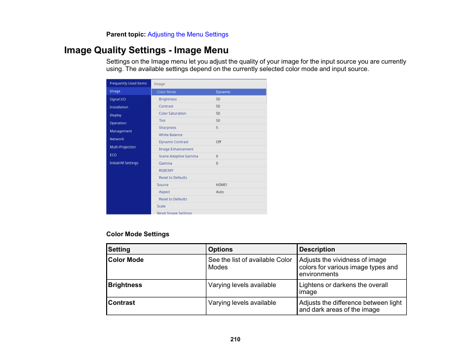 Image quality settings - image menu | Epson PowerLite L265F 4600-Lumen Full HD Laser 3LCD Projector (Black) User Manual | Page 210 / 306