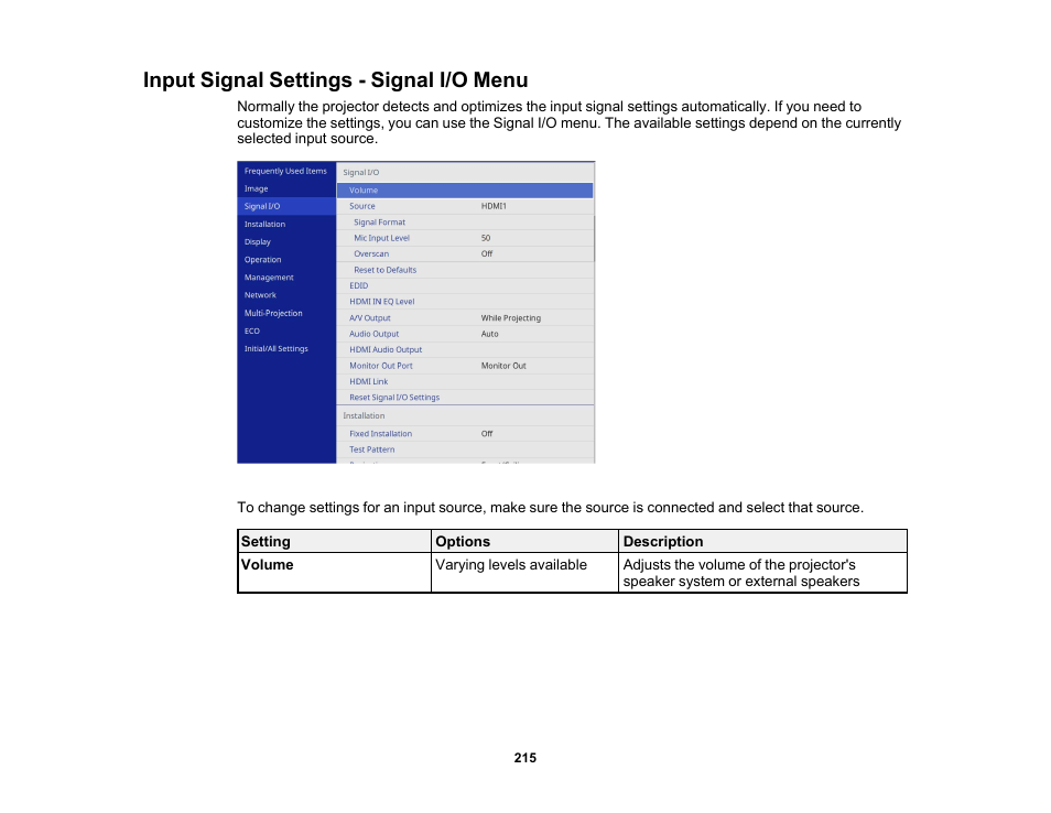 Input signal settings - signal i/o menu | Epson PowerLite L265F 4600-Lumen Full HD Laser 3LCD Projector (Black) User Manual | Page 215 / 306