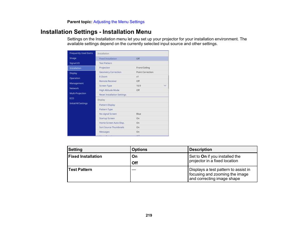 Installation settings - installation menu | Epson PowerLite L265F 4600-Lumen Full HD Laser 3LCD Projector (Black) User Manual | Page 219 / 306