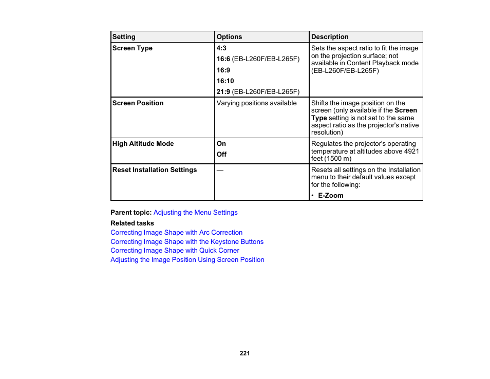 Epson PowerLite L265F 4600-Lumen Full HD Laser 3LCD Projector (Black) User Manual | Page 221 / 306