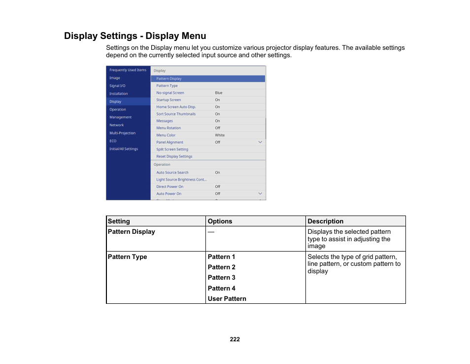 Display settings - display menu | Epson PowerLite L265F 4600-Lumen Full HD Laser 3LCD Projector (Black) User Manual | Page 222 / 306