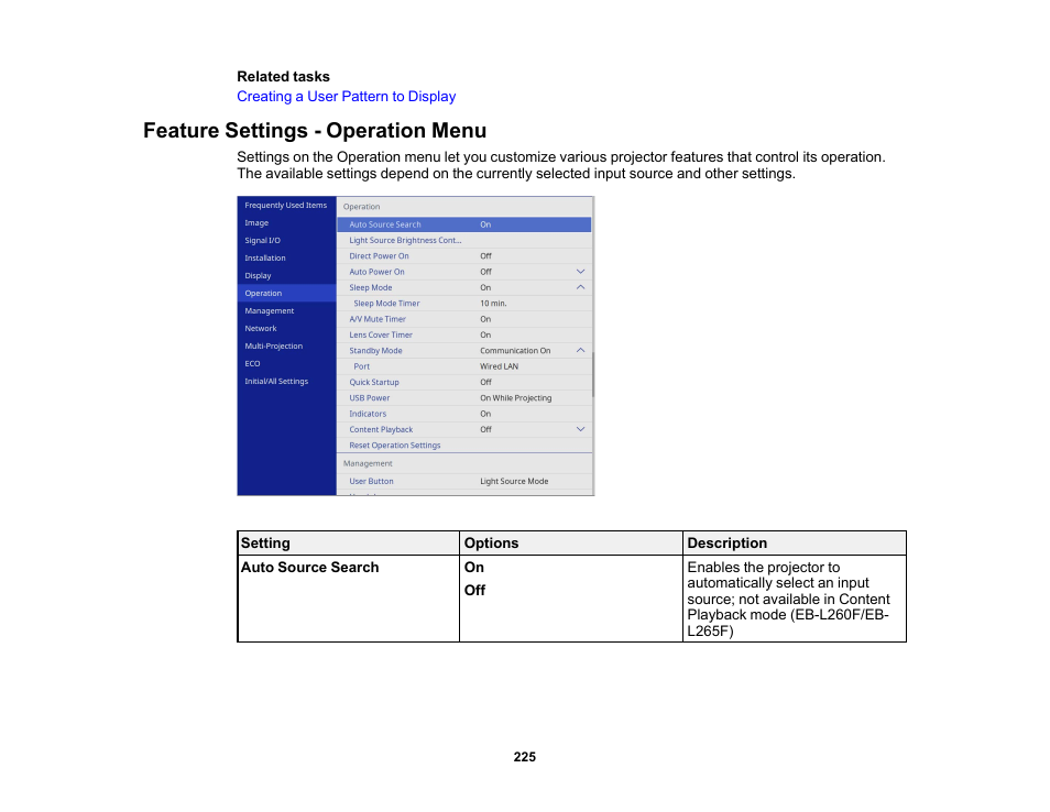 Feature settings - operation menu | Epson PowerLite L265F 4600-Lumen Full HD Laser 3LCD Projector (Black) User Manual | Page 225 / 306