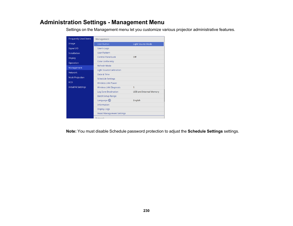 Administration settings - management menu | Epson PowerLite L265F 4600-Lumen Full HD Laser 3LCD Projector (Black) User Manual | Page 230 / 306