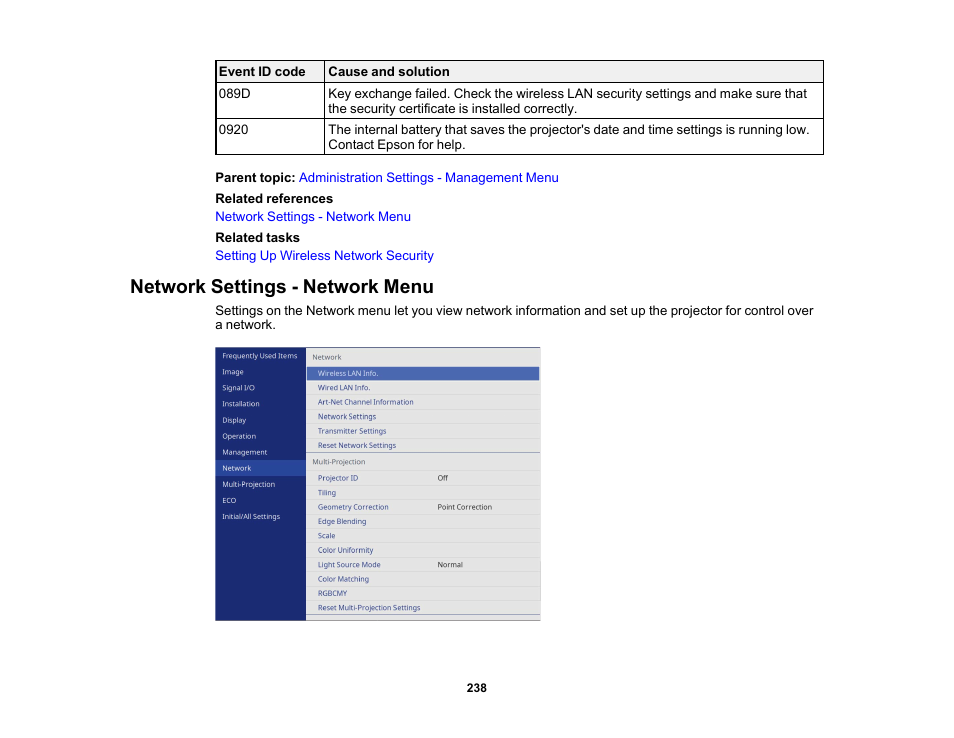 Network settings - network menu | Epson PowerLite L265F 4600-Lumen Full HD Laser 3LCD Projector (Black) User Manual | Page 238 / 306