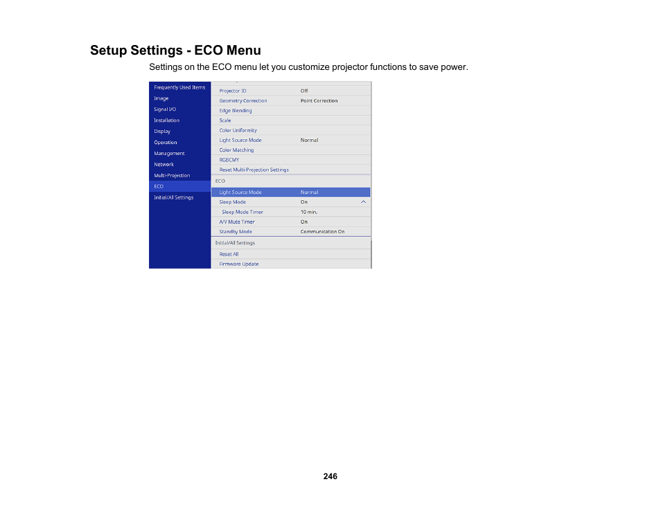 Setup settings - eco menu | Epson PowerLite L265F 4600-Lumen Full HD Laser 3LCD Projector (Black) User Manual | Page 246 / 306