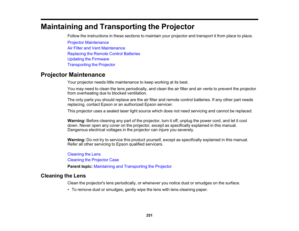 Maintaining and transporting the projector, Projector maintenance, Cleaning the lens | Epson PowerLite L265F 4600-Lumen Full HD Laser 3LCD Projector (Black) User Manual | Page 251 / 306