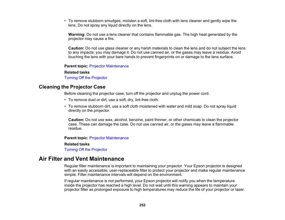 Cleaning the projector case, Air filter and vent maintenance | Epson PowerLite L265F 4600-Lumen Full HD Laser 3LCD Projector (Black) User Manual | Page 252 / 306