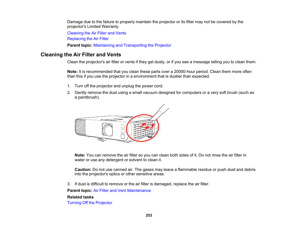 Cleaning the air filter and vents | Epson PowerLite L265F 4600-Lumen Full HD Laser 3LCD Projector (Black) User Manual | Page 253 / 306