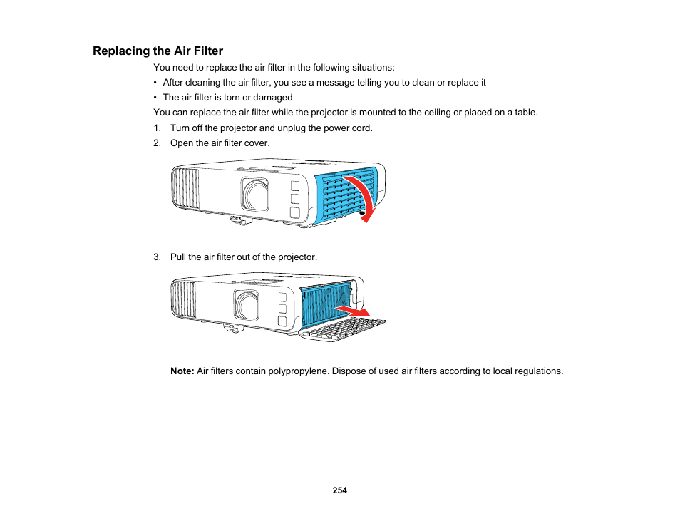 Replacing the air filter | Epson PowerLite L265F 4600-Lumen Full HD Laser 3LCD Projector (Black) User Manual | Page 254 / 306