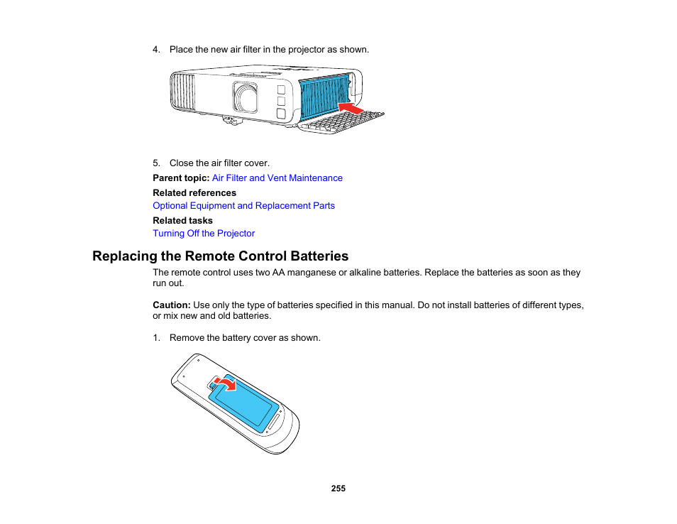 Replacing the remote control batteries | Epson PowerLite L265F 4600-Lumen Full HD Laser 3LCD Projector (Black) User Manual | Page 255 / 306