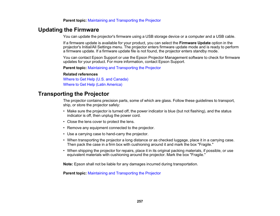 Updating the firmware, Transporting the projector, Updating the firmware transporting the projector | Epson PowerLite L265F 4600-Lumen Full HD Laser 3LCD Projector (Black) User Manual | Page 257 / 306