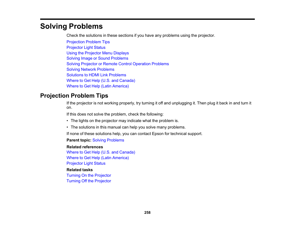 Solving problems, Projection problem tips | Epson PowerLite L265F 4600-Lumen Full HD Laser 3LCD Projector (Black) User Manual | Page 258 / 306