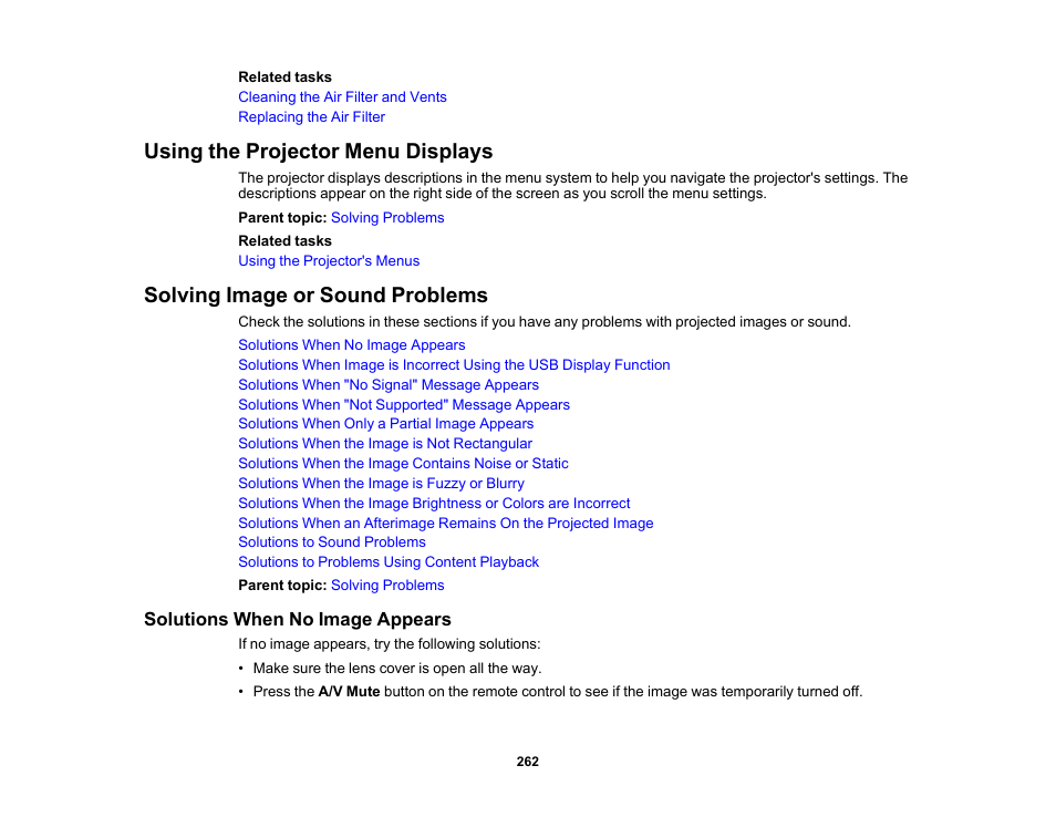 Using the projector menu displays, Solving image or sound problems, Solutions when no image appears | Epson PowerLite L265F 4600-Lumen Full HD Laser 3LCD Projector (Black) User Manual | Page 262 / 306