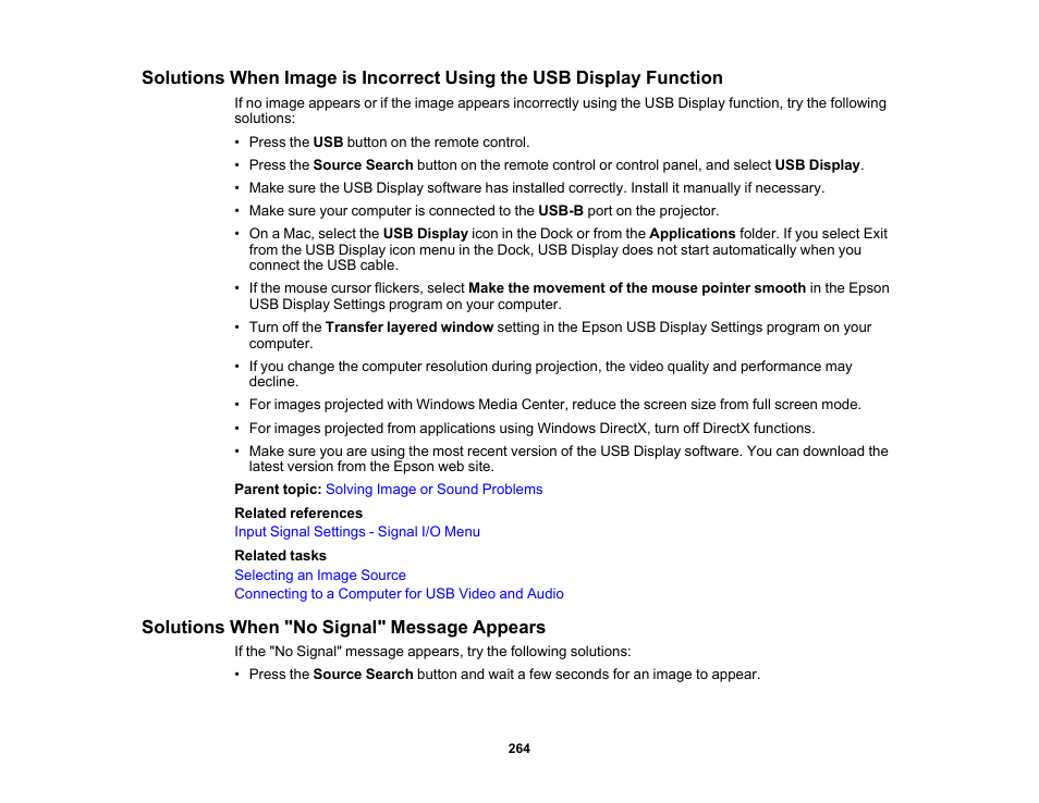 Solutions when "no signal" message appears | Epson PowerLite L265F 4600-Lumen Full HD Laser 3LCD Projector (Black) User Manual | Page 264 / 306