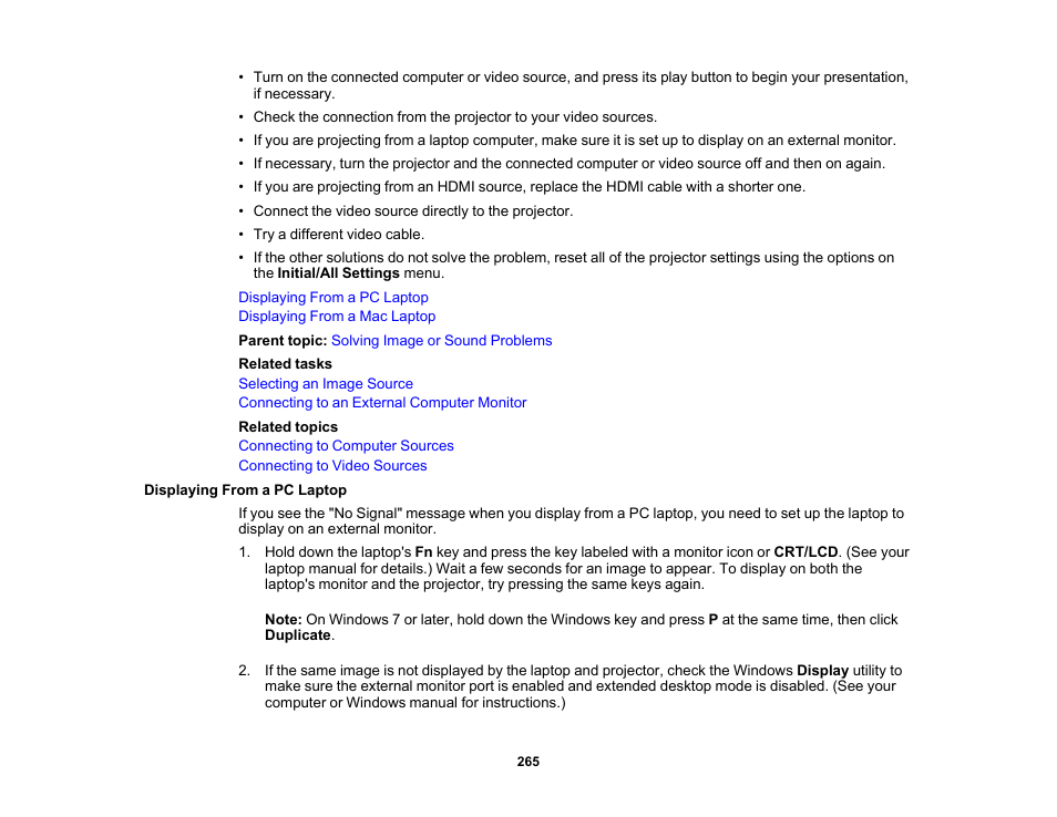 Displaying from a pc laptop | Epson PowerLite L265F 4600-Lumen Full HD Laser 3LCD Projector (Black) User Manual | Page 265 / 306