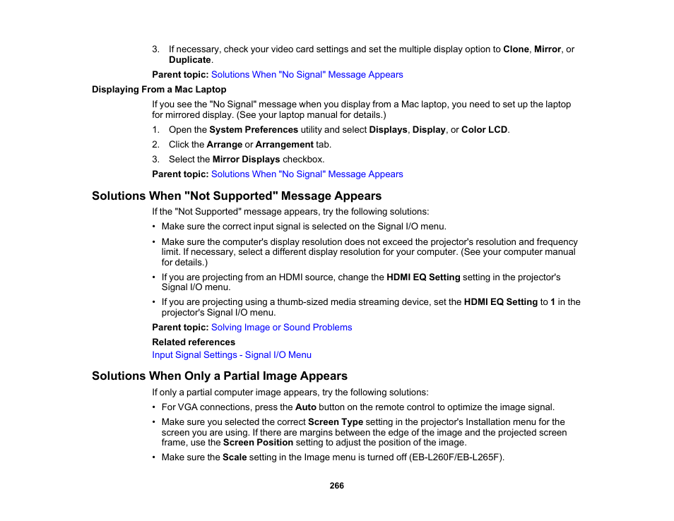 Displaying from a mac laptop, Solutions when "not supported" message appears, Solutions when only a partial image appears | Epson PowerLite L265F 4600-Lumen Full HD Laser 3LCD Projector (Black) User Manual | Page 266 / 306