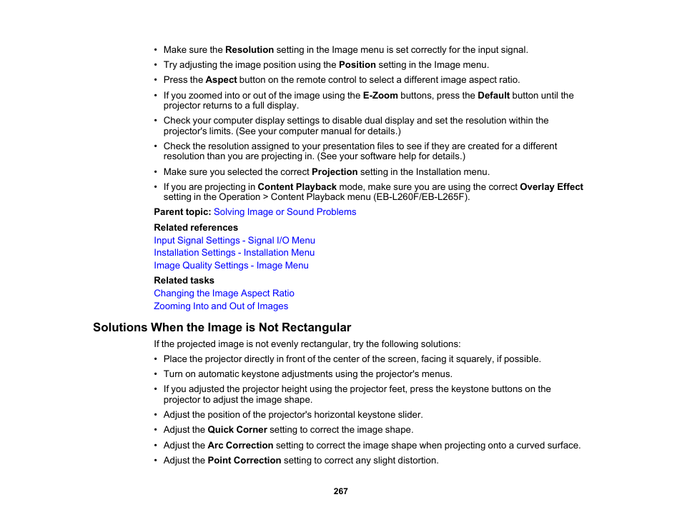 Solutions when the image is not rectangular | Epson PowerLite L265F 4600-Lumen Full HD Laser 3LCD Projector (Black) User Manual | Page 267 / 306