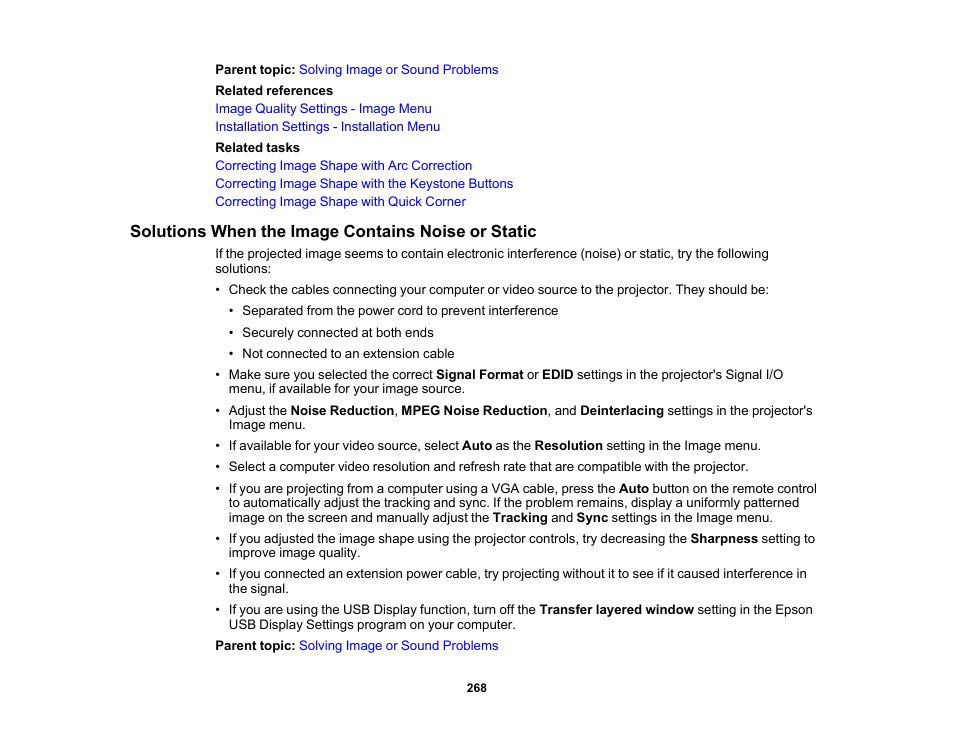 Solutions when the image contains noise or static | Epson PowerLite L265F 4600-Lumen Full HD Laser 3LCD Projector (Black) User Manual | Page 268 / 306