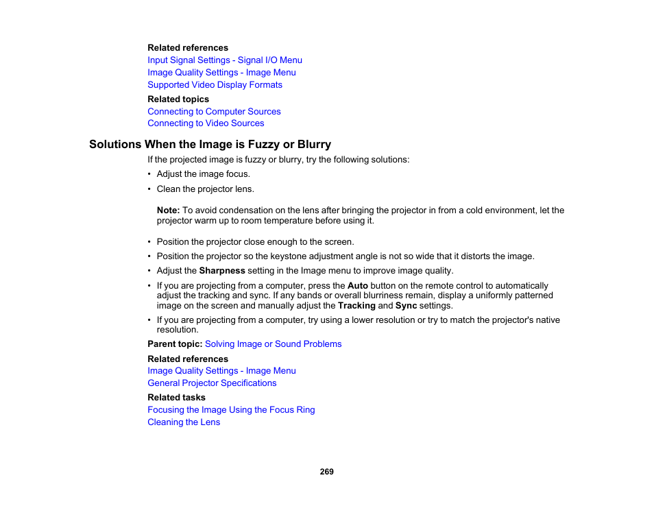 Solutions when the image is fuzzy or blurry | Epson PowerLite L265F 4600-Lumen Full HD Laser 3LCD Projector (Black) User Manual | Page 269 / 306