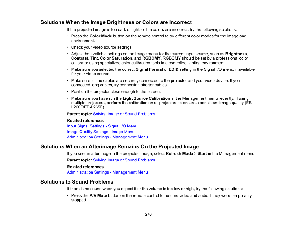 Solutions to sound problems | Epson PowerLite L265F 4600-Lumen Full HD Laser 3LCD Projector (Black) User Manual | Page 270 / 306