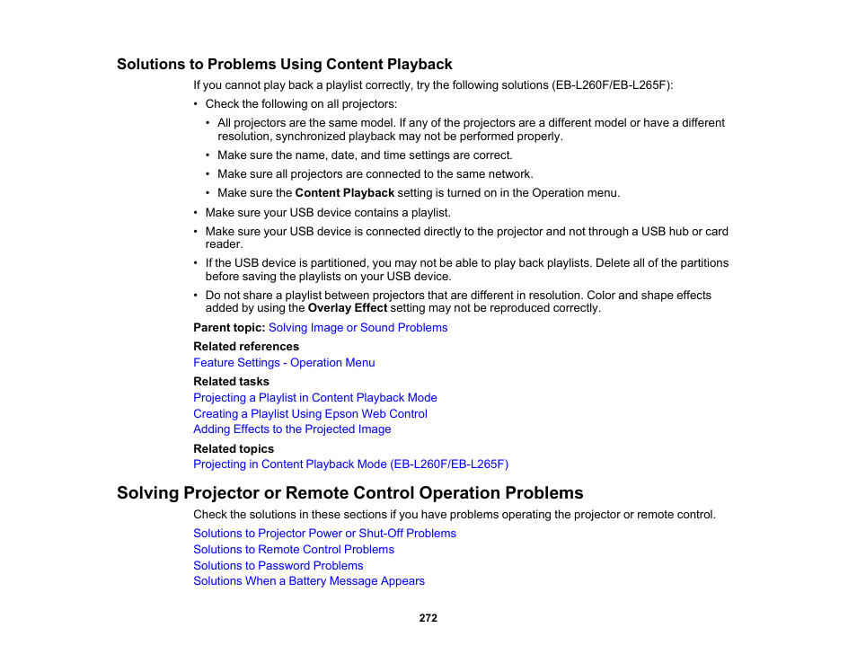 Solutions to problems using content playback | Epson PowerLite L265F 4600-Lumen Full HD Laser 3LCD Projector (Black) User Manual | Page 272 / 306