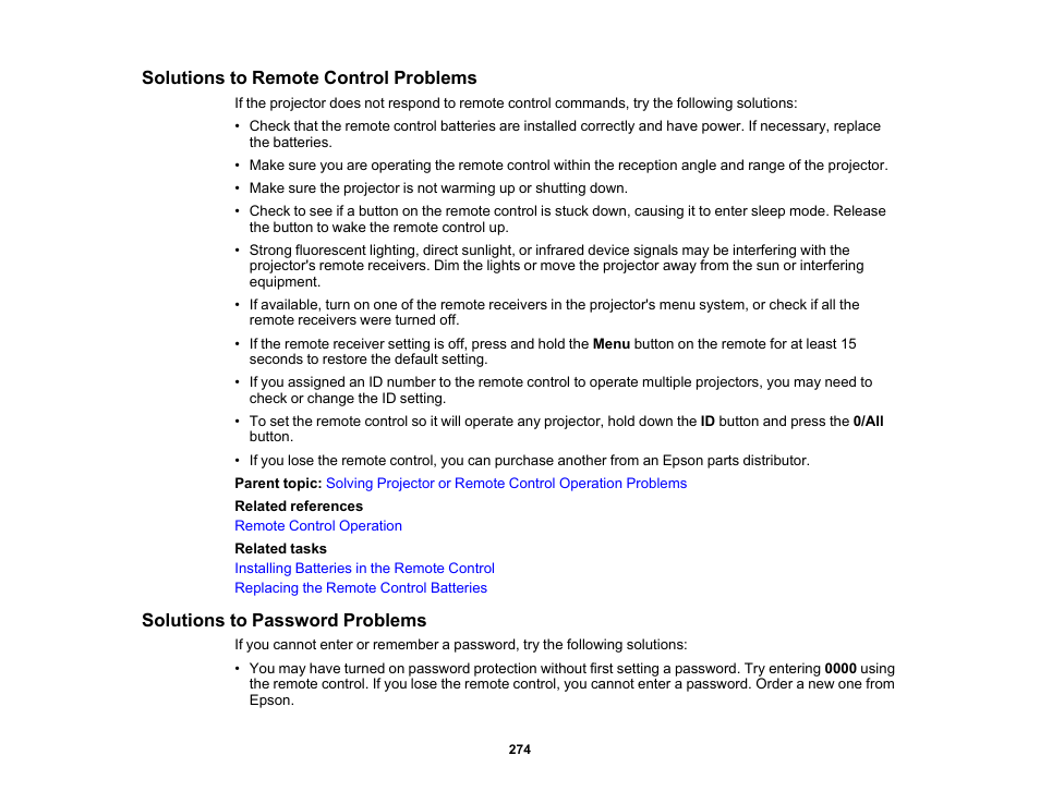 Solutions to remote control problems, Solutions to password problems | Epson PowerLite L265F 4600-Lumen Full HD Laser 3LCD Projector (Black) User Manual | Page 274 / 306