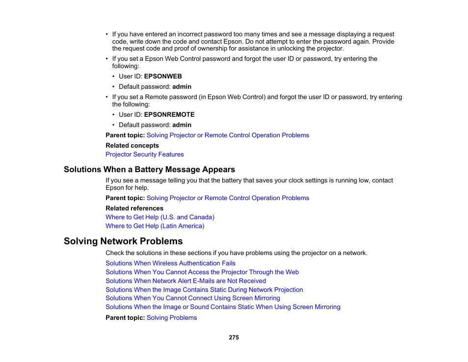 Solutions when a battery message appears, Solving network problems | Epson PowerLite L265F 4600-Lumen Full HD Laser 3LCD Projector (Black) User Manual | Page 275 / 306