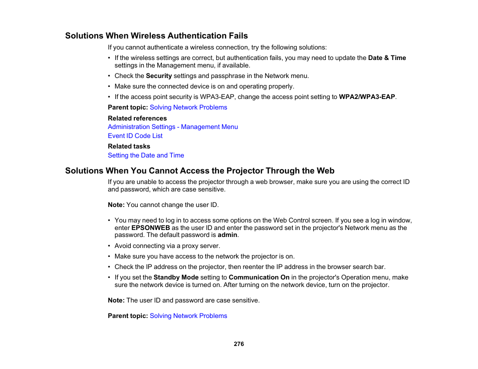 Solutions when wireless authentication fails | Epson PowerLite L265F 4600-Lumen Full HD Laser 3LCD Projector (Black) User Manual | Page 276 / 306