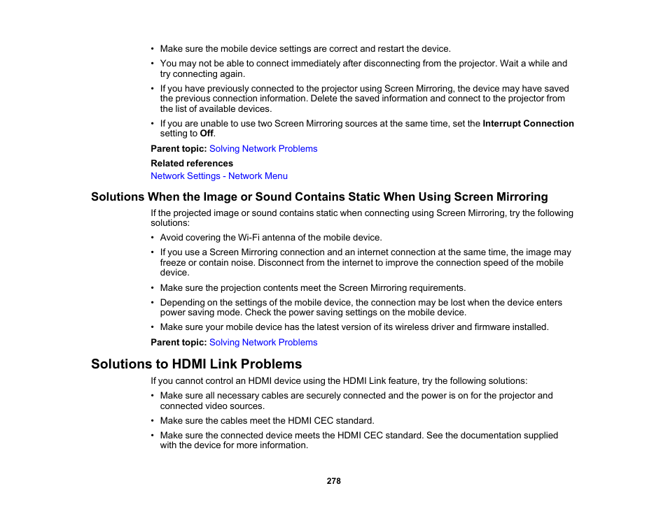 Solutions to hdmi link problems | Epson PowerLite L265F 4600-Lumen Full HD Laser 3LCD Projector (Black) User Manual | Page 278 / 306