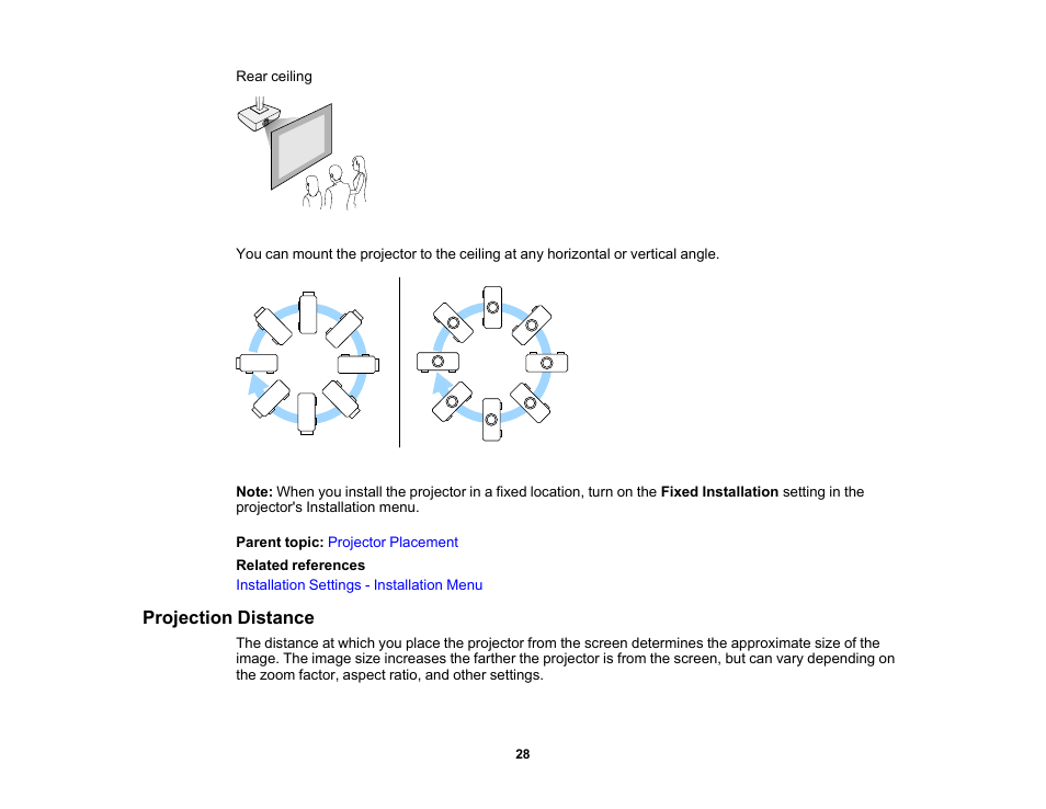 Projection distance | Epson PowerLite L265F 4600-Lumen Full HD Laser 3LCD Projector (Black) User Manual | Page 28 / 306