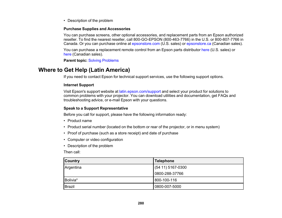 Where to get help (latin america) | Epson PowerLite L265F 4600-Lumen Full HD Laser 3LCD Projector (Black) User Manual | Page 280 / 306