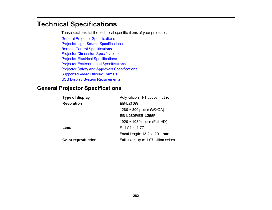 Technical specifications, General projector specifications | Epson PowerLite L265F 4600-Lumen Full HD Laser 3LCD Projector (Black) User Manual | Page 282 / 306