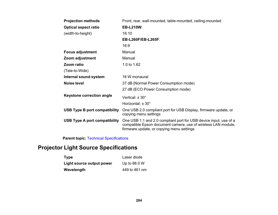 Projector light source specifications | Epson PowerLite L265F 4600-Lumen Full HD Laser 3LCD Projector (Black) User Manual | Page 284 / 306