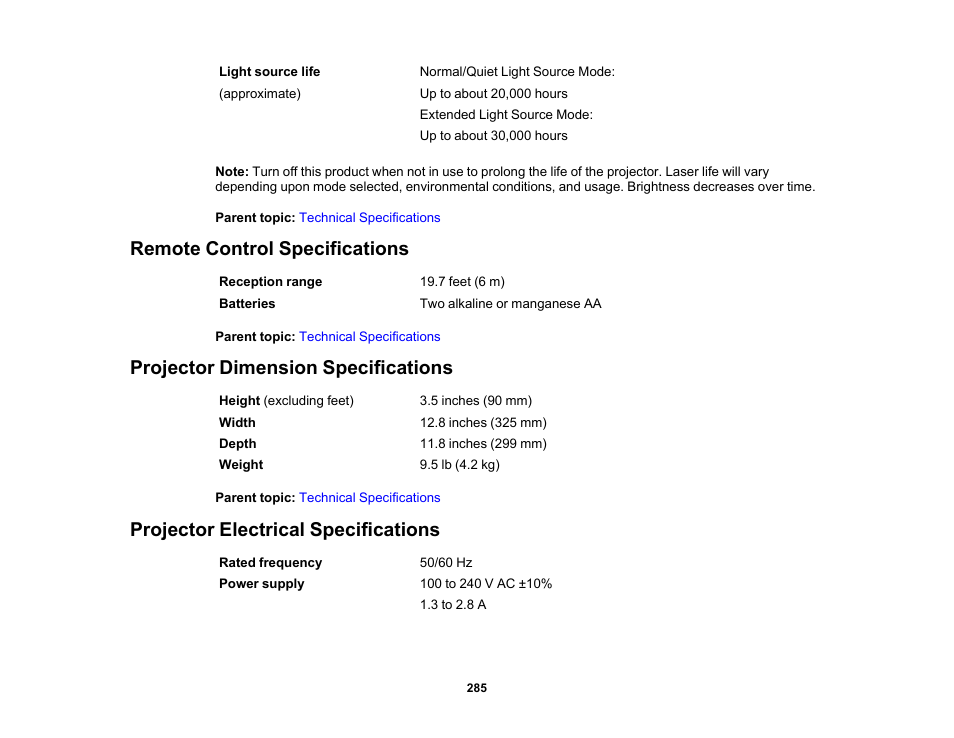 Remote control specifications, Projector dimension specifications, Projector electrical specifications | Epson PowerLite L265F 4600-Lumen Full HD Laser 3LCD Projector (Black) User Manual | Page 285 / 306